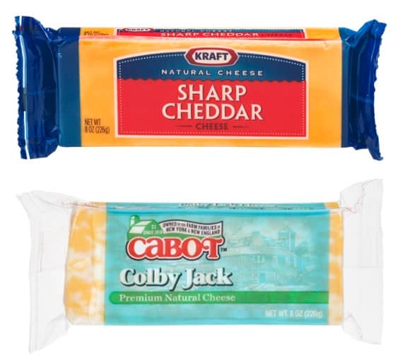 Top: Kraft sharp Cheddar in wrapper. Bottom:Cabot Colby jack cheese in wrapper.
