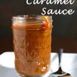 2 Ingredient caramel sauce in jar with spoon next to it.