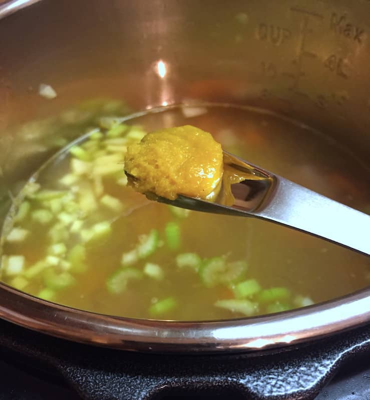 Teaspoon of soft chicken bouillon being added to pressure cooker chicken soup.