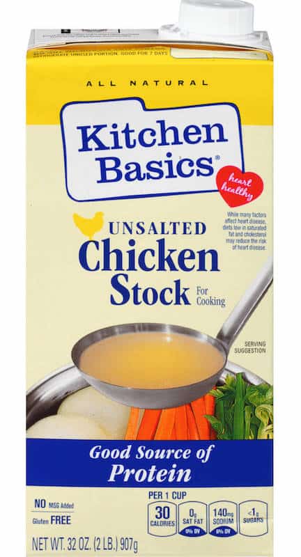 Kitchen Basics unsalted chicken stock in carton.