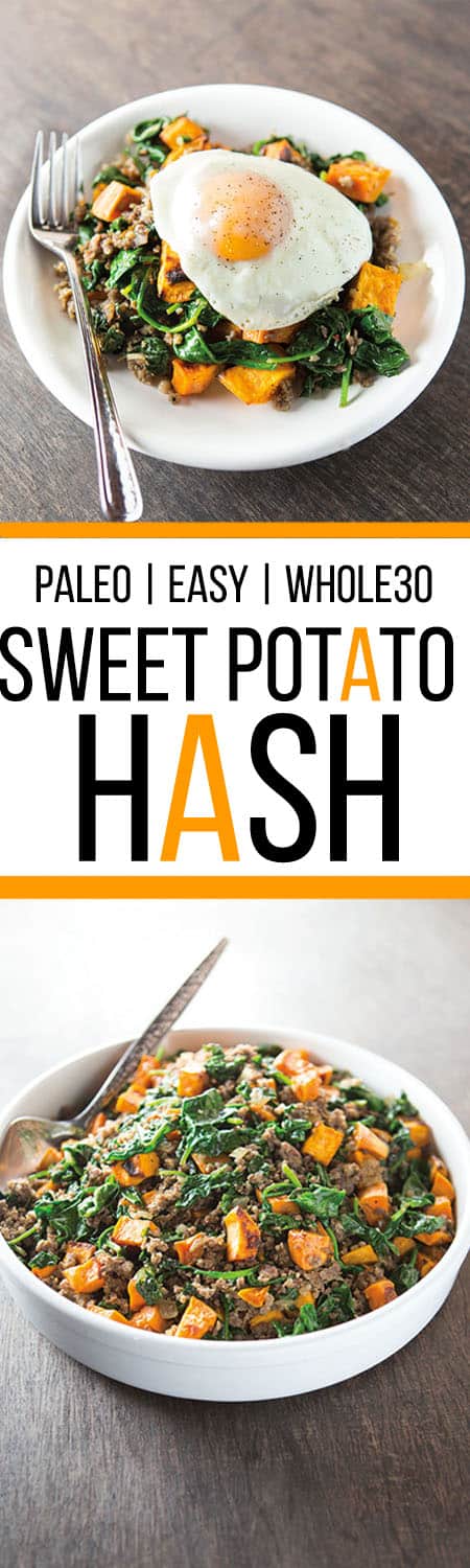 Composite image. Top image: a plate of sweet potato hash with an egg. Middle Text: Paleo, Easy, Whole 30 Sweet Potato Hash. Bottom image: a platter of sweet potato hash. 