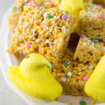 Krispie Treats with Sprinkles and Yellow Marshmallow Peeps on Platter.