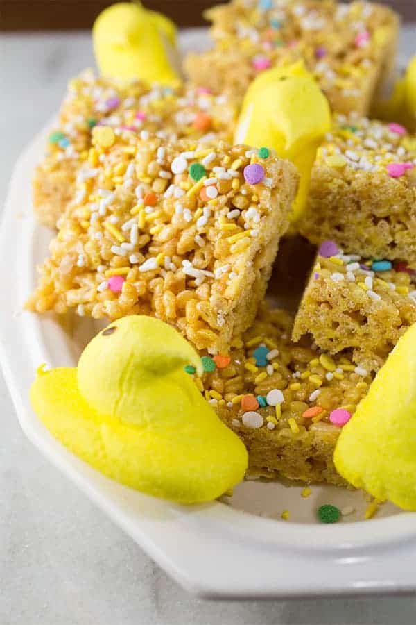 Krispie Treats with Sprinkles and Yellow Marshmallow Peep on Platter