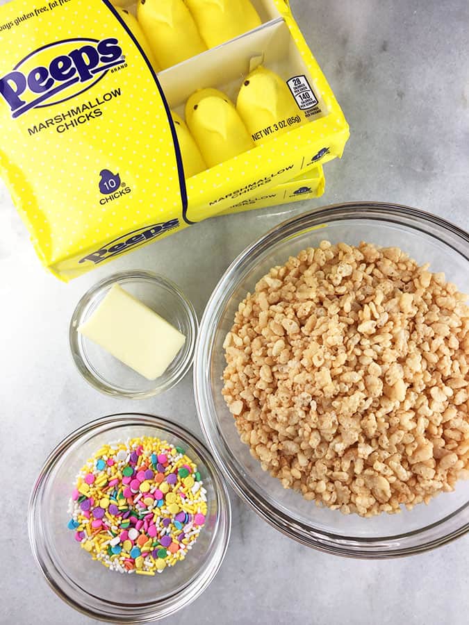 Ingredients for Peeps rice crispy treats.