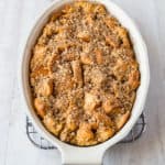Baked French toast in a casserole dish.