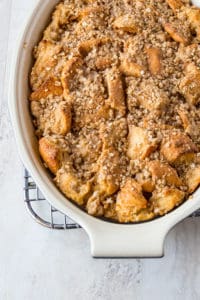 Baked French toast in a casserole dish.