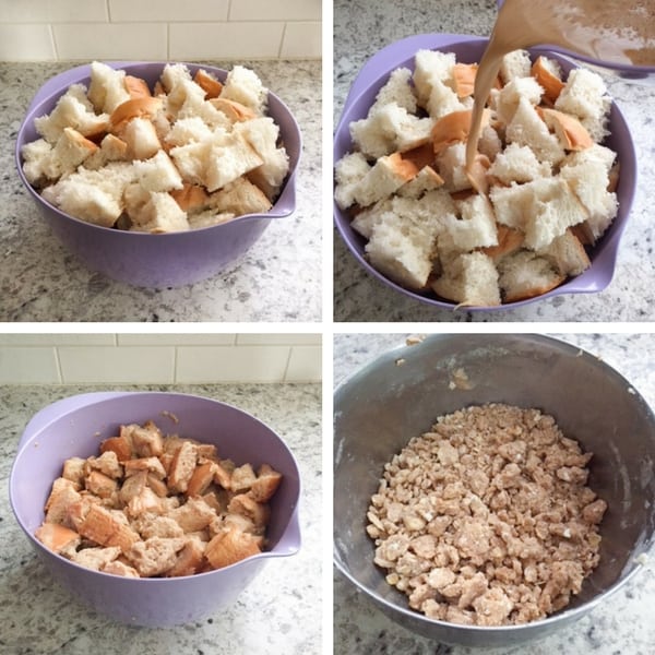 Cubed bread in purple bowl. Pouring custard over bread. Soaked bread cubes. Oat streusel.