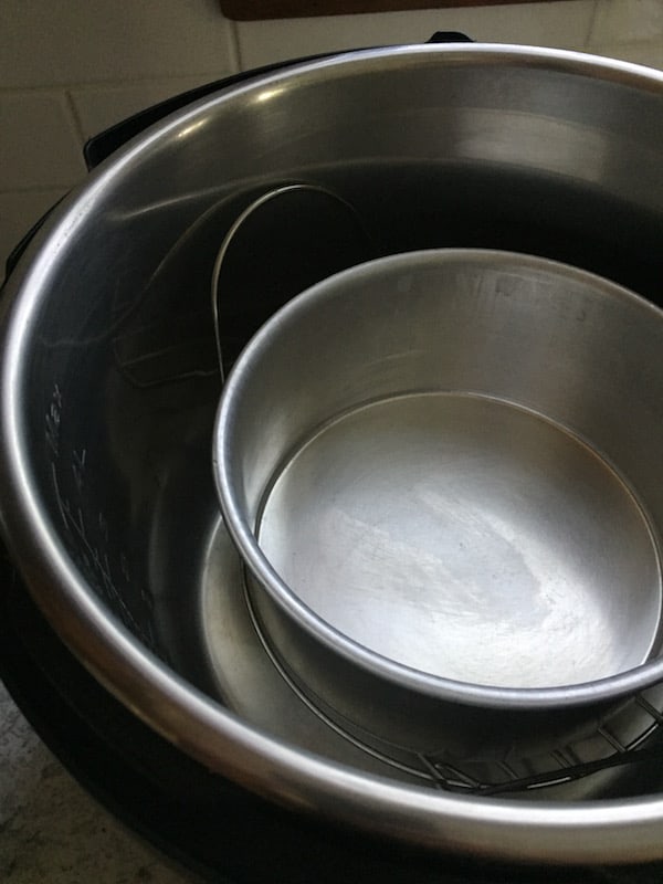Pot in Pot (PIP) Instant Pot | Image shows cake pan on trivet inside Instant Pot. 