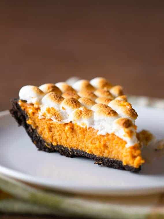 Pumpkin Smores Pie slice on plate.