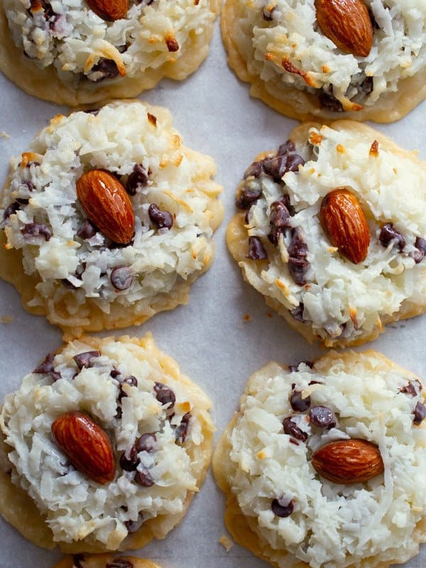 Baked coconut macaroons with chocolate chips and almonds