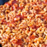 Close up of cooked American Goulash. Pasta, Tomato Sauce, and Ground Beef.