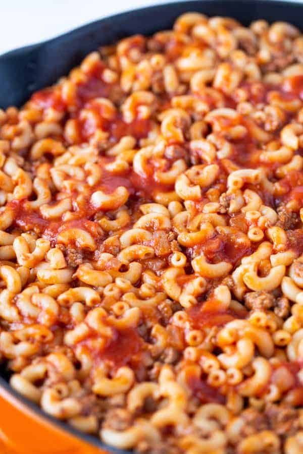 Close up of cooked American Goulash. Pasta, Tomato Sauce, and Ground Beef