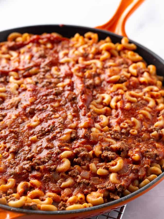 Cooked American Goulash. Pasta, Ground Beef, and Tomato Sauce in Pan.