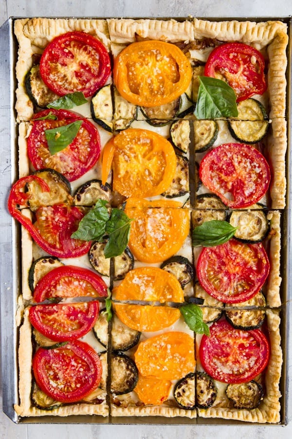 Baked tomato slab pie.