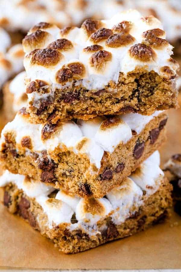 Stack of Chocolate Chip Cookie Bars topped with toasted mini marshmallows