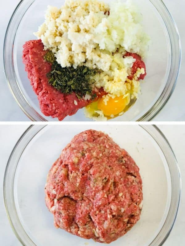 top image: ingredients for air fryer meatballs in bowl. Image 2: meatball mixture