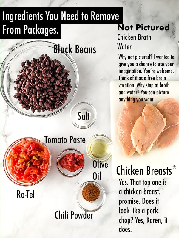 Tortilla ingredients on a marble counter. Black beans, salt, olive oil, tomato paste, Ro-Tel, and chicken broth. Text on image labels the ingredients.