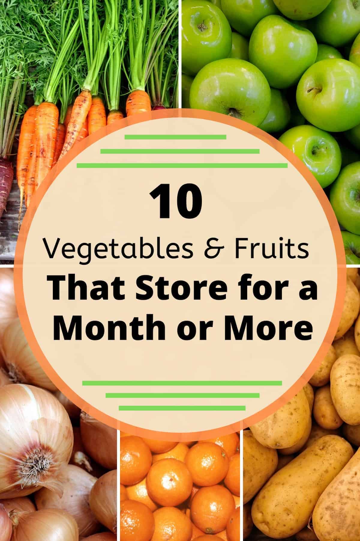Text on Image: 10 Fruits & Vegetables that Keep for a Month or More. Image background: carrots, potatoes, onions, oranges, apples.