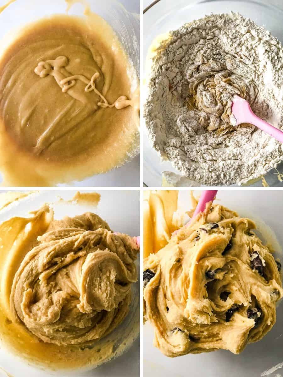 Four images showing brown sugar chocolate chip cookie dough being mixed