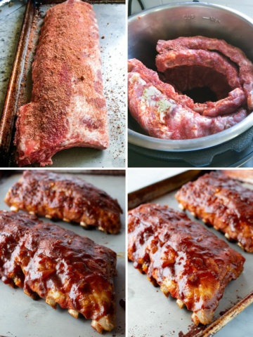 Baby back ribs with seasoning rub. Two racks of ribs in Instant Pot. Checking ribs for tenderness. Ribs with BBQ sauce.