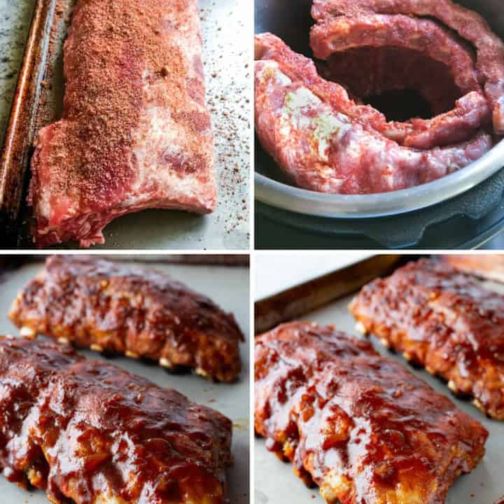 Baby back ribs with seasoning rub. Two racks of ribs in Instant Pot. Checking ribs for tenderness. Ribs with BBQ sauce.