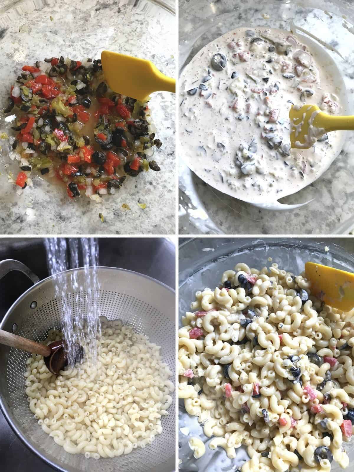 Four Images. Top: Mixing the dressing. Bottom left: Rinsing Pasta. Bottom Right: Mixing Macaroni Salad.
