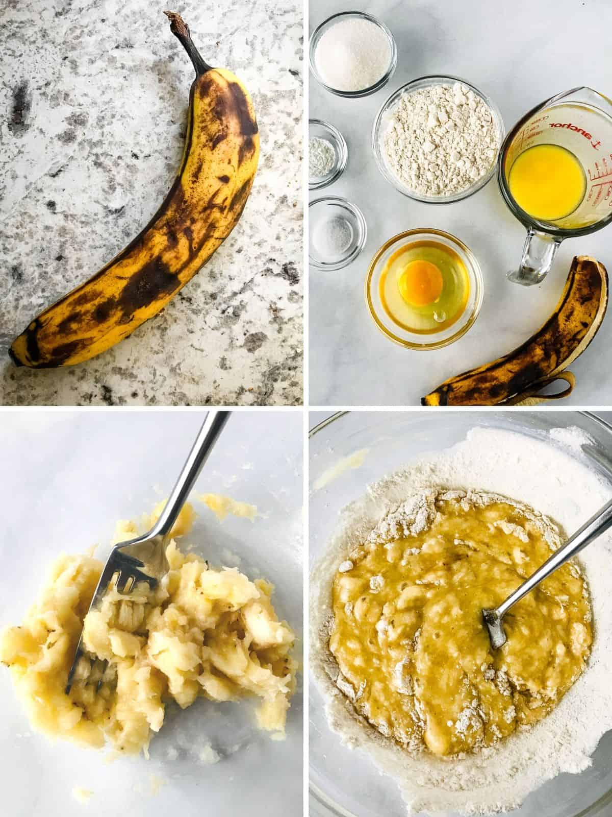 Four images. Overripe banana. Ingredients for banana muffins. Mashed banana. Batter for banana muffins.