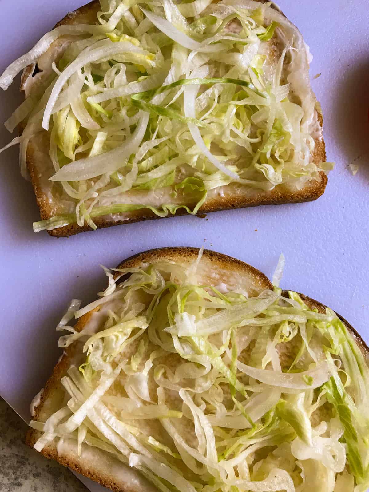 Shredded lettuce and onion on bread.