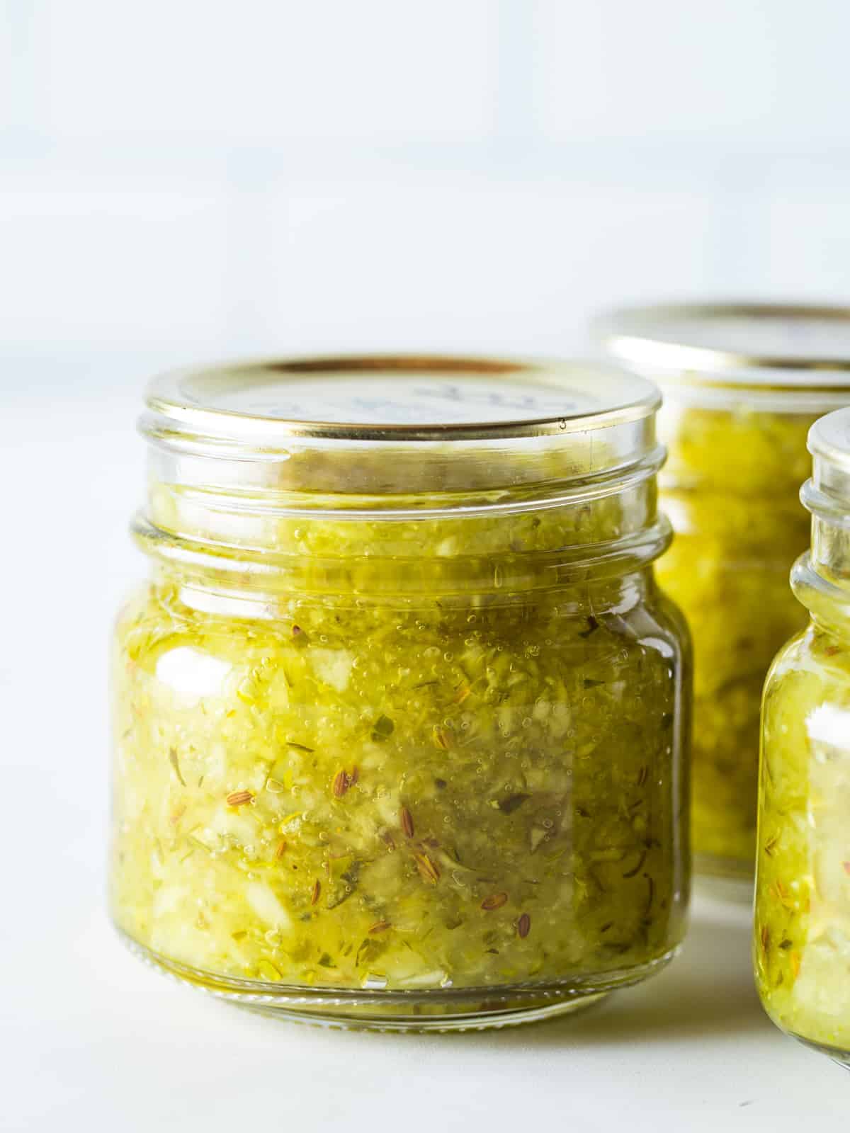 Homemade dill relish in pint jar.