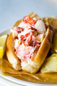Lobster roll on a plate.