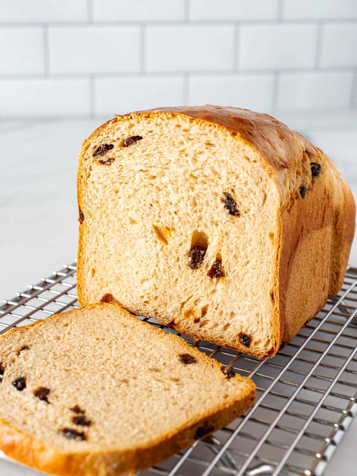 Cinnamon raisin bread loaf sliced.