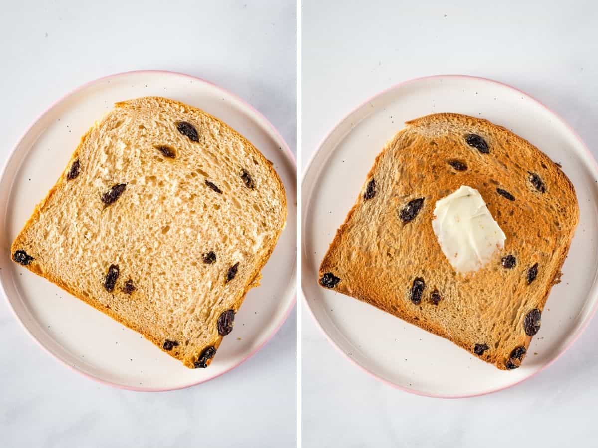Un-toasted and toasted cinnamon raisin bread side-by-side.