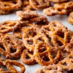 Cinnamon sugar pretzels on baked sheet.