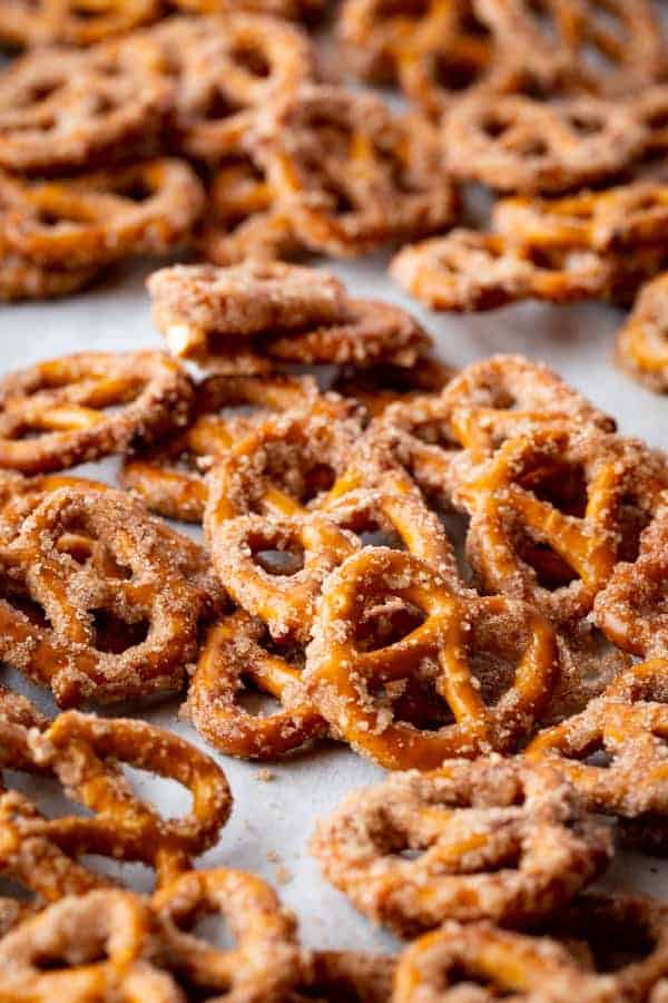 Cinnamon sugar pretzels on baked sheet.