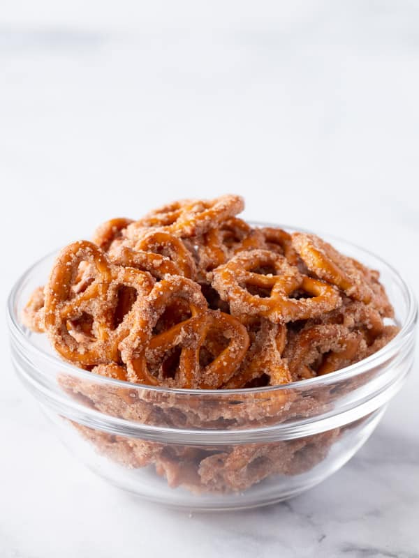 Bowl of cinnamon sugar pretzels.