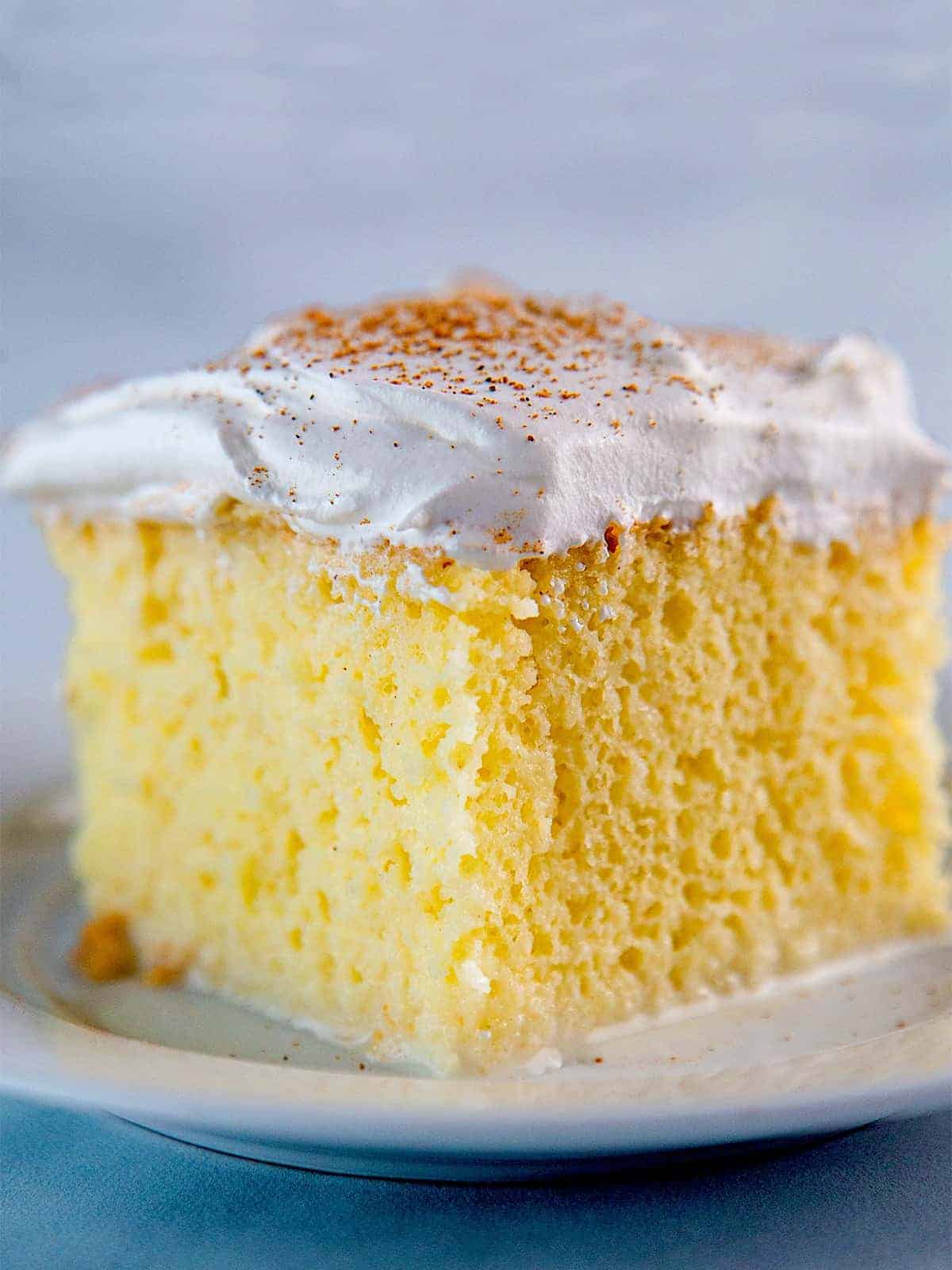 Slice of tres leches cake with whipped cream frosting on plate.