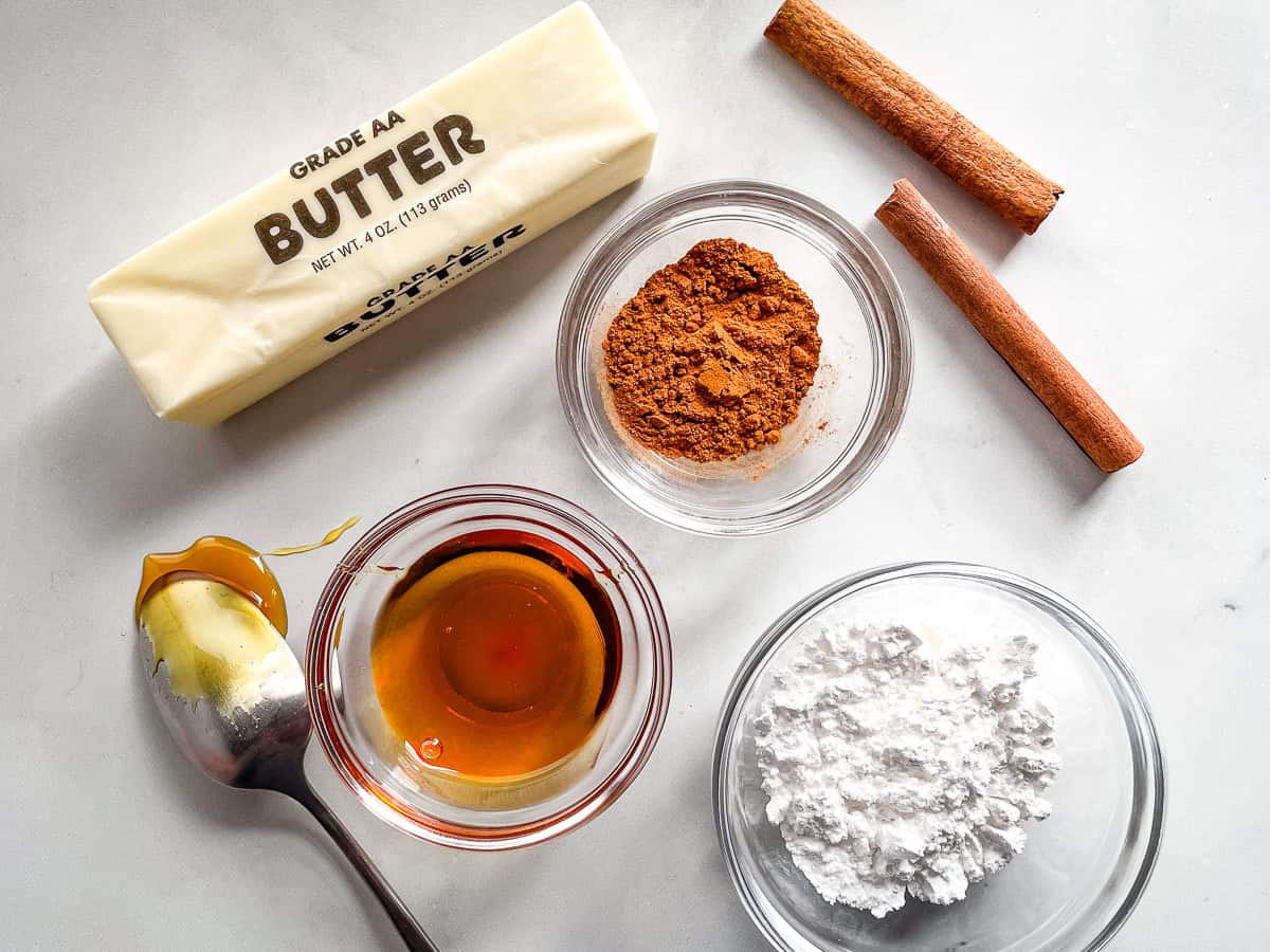 Ingredients for cinnamon honey butter measured and placed on the counter.