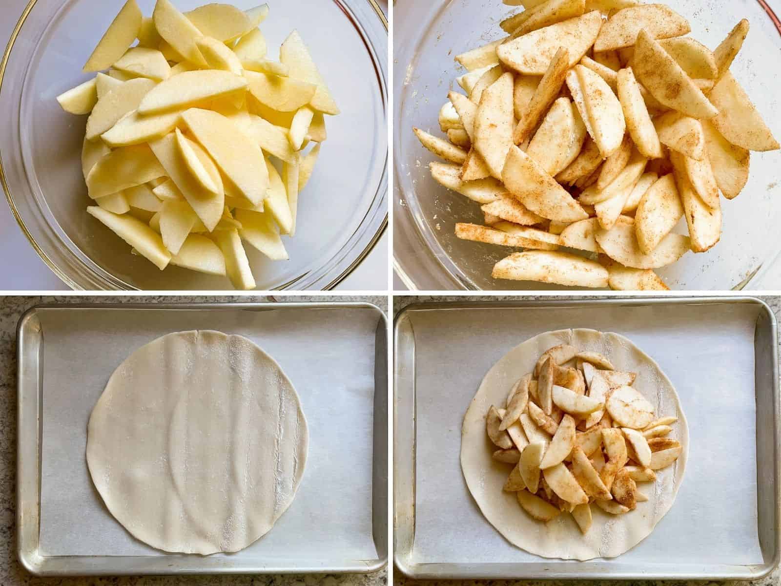 Clockwise: bowl of apple slices. Bowl of apple slices with cinnamon and sugar. Pie dough round. Pie dough with apple slices.