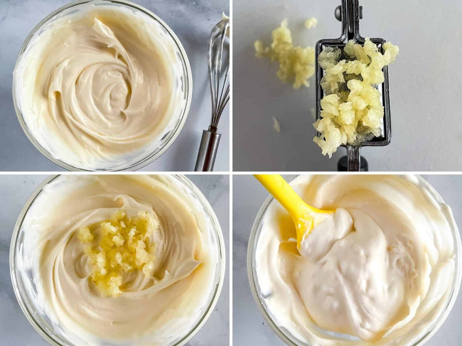 Four steps to making garlic mayonnaise. Bowl of mayo. Garlic press with garlic. Stirring garlic and lemon juice into mayo.
