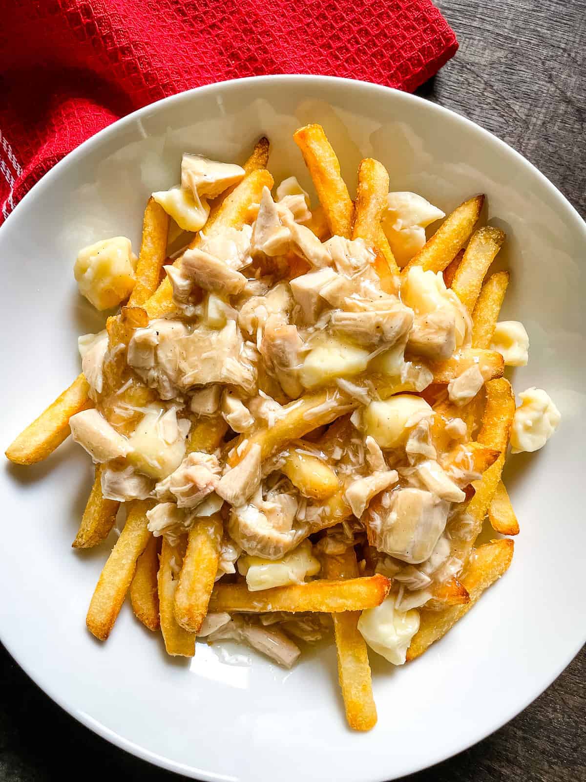 Turkey poutine in a white bowl.