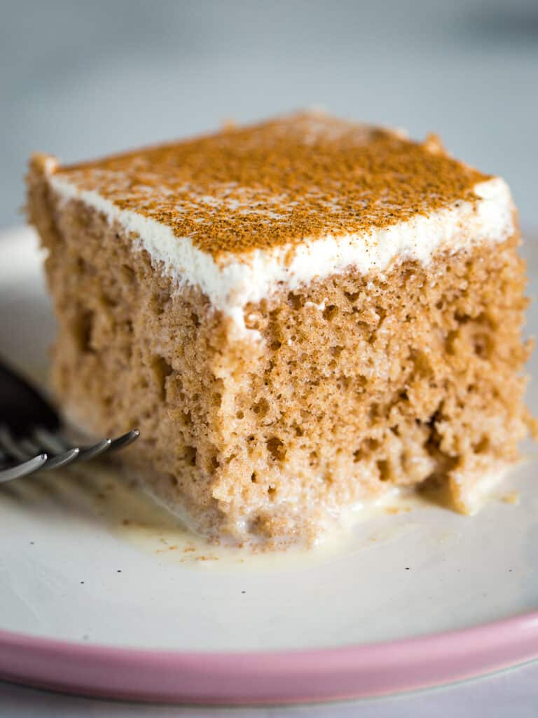 Spice tres leches cake on a plate.