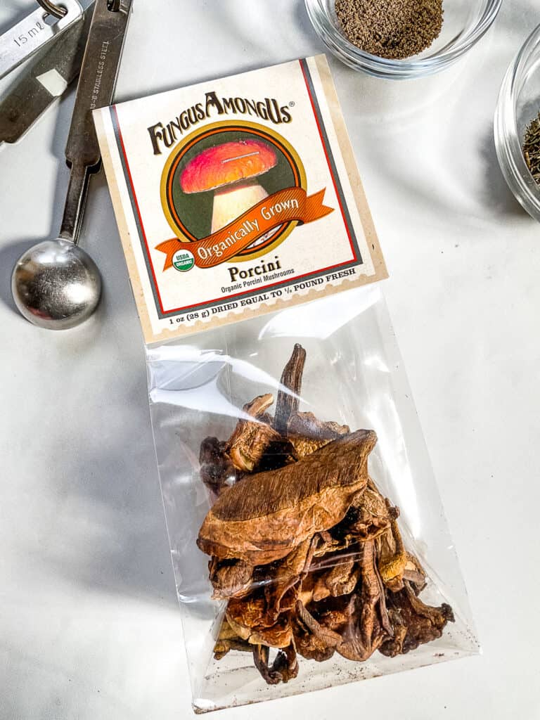 Bag of dried porcini mushrooms.