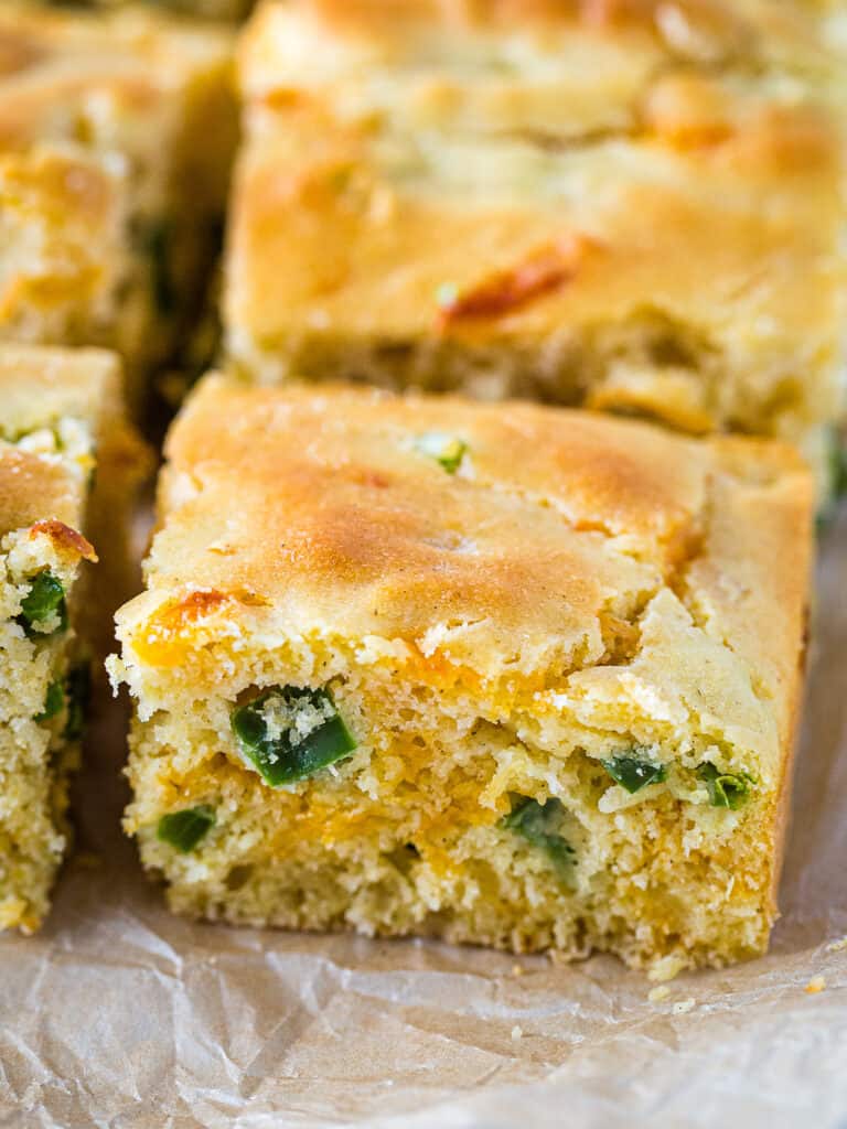 Jiffy jalapeño cornbread sliced into squares.