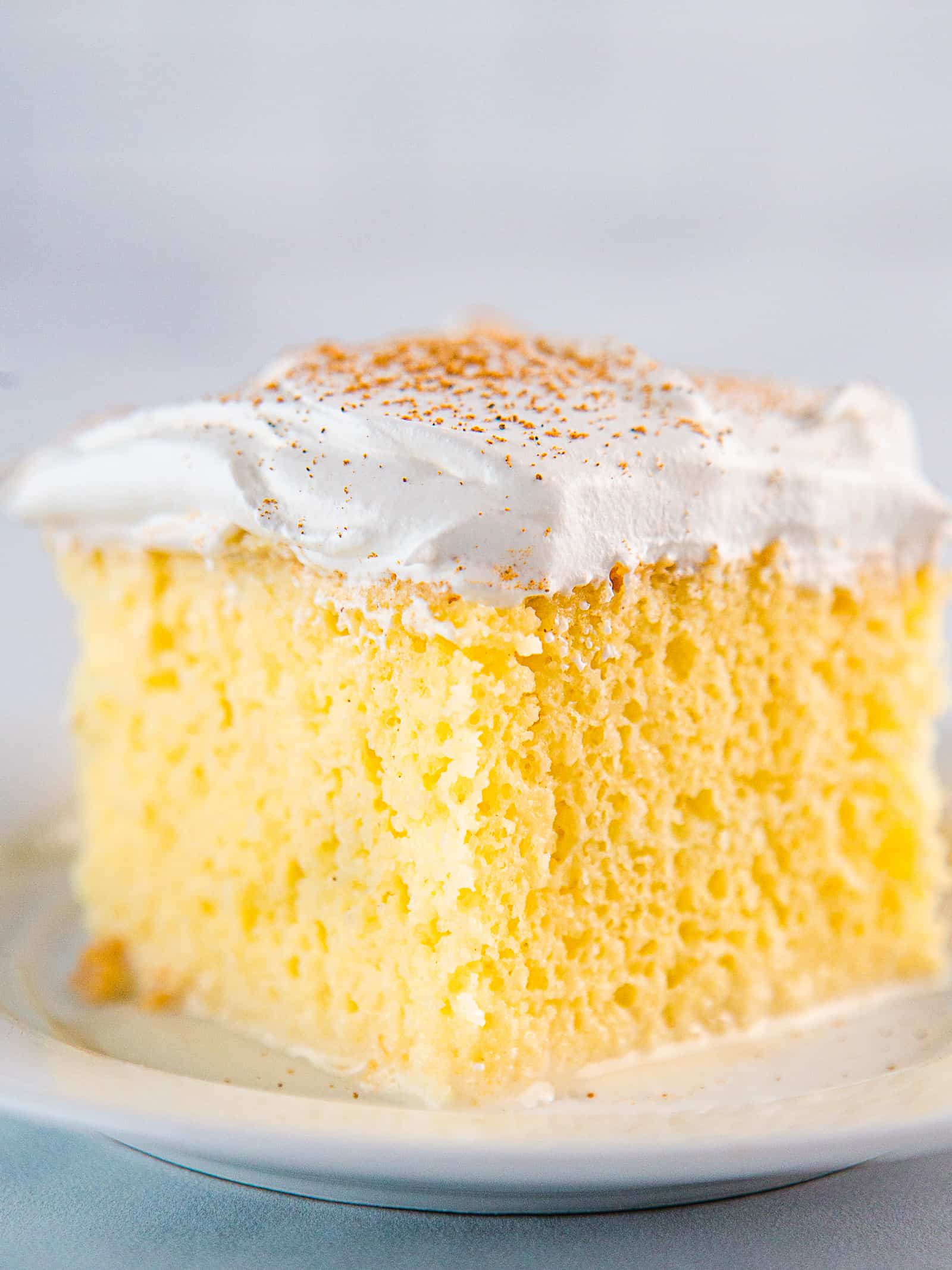 Slice of tres leche cake topped with whipped cream on a plate.