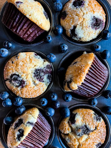 Baked blueberry muffins in a pan with fresh blueberries sprinkled around.
