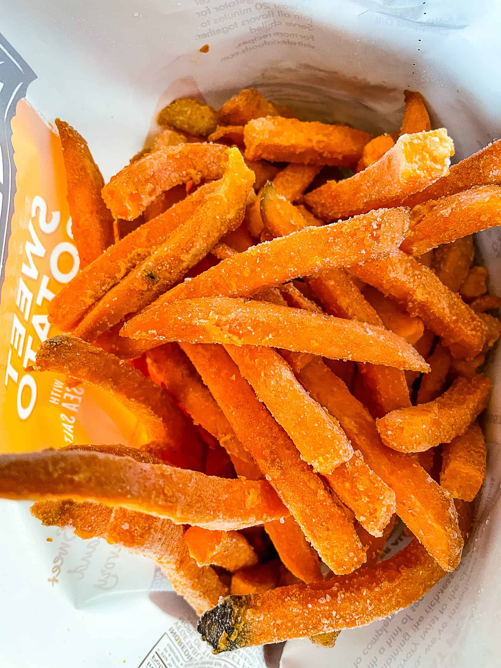 Frozen sweet potato fries in the bag.