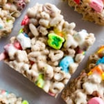 Lucky Charms treat cut into a square.