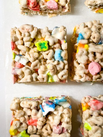 Lucky Charms crispy treat squares.