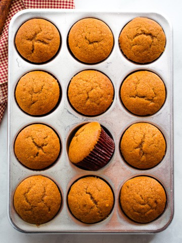 Baked pumpkin muffins in a pan.