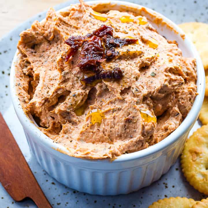 Sun-dried tomato cream cheese in a bowl.